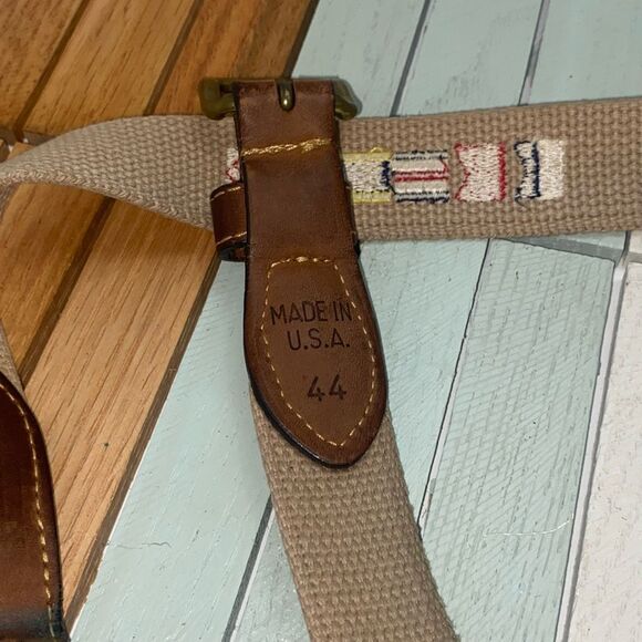 Zeppelin Canvas Leather Belt Nautical Flag Embroidered Brass Buckle Sz 44 USA - Picture 7 of 7